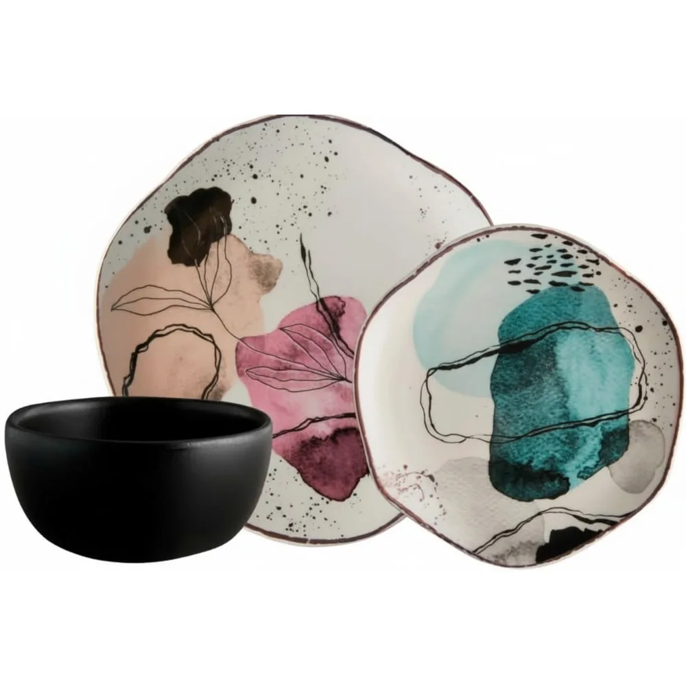 

12-Piece Irregular Shapes Watercolor Ceramic Dinnerware Set | Plates Bowls | Service for 4 | Elegant Home Decor