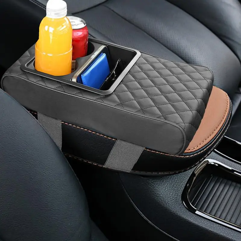 Car Armrest Cover Waterproof PU Leather Armrest Mat Pad With Cup Holder Armrest Box Pad Multifunctional Easy Installation