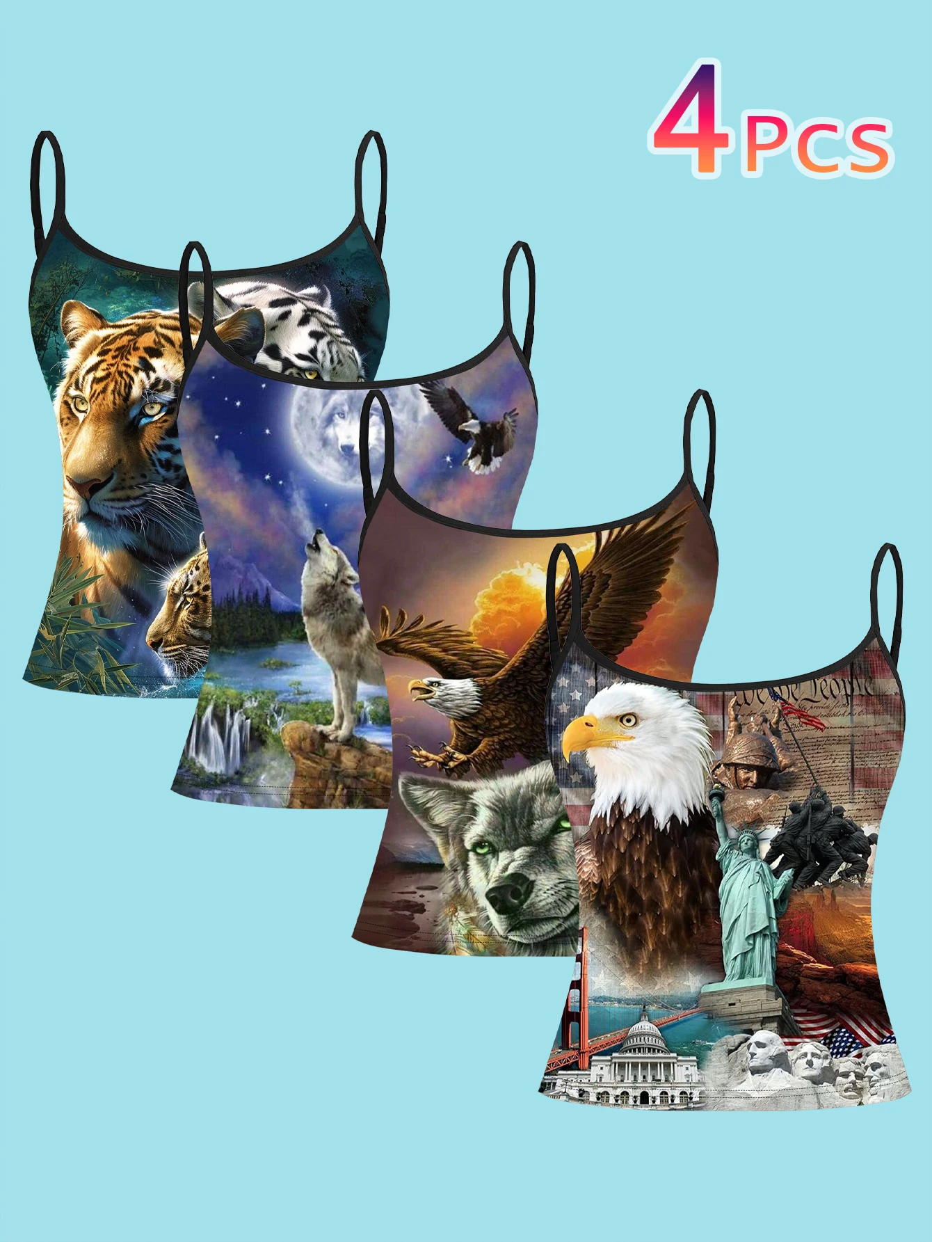 4-Piece Set of American Wildlife Landscape Collage Print Camisoles, Featuring Jungle Tigers, Moonlit Wolf Howls, Bald Eagles, and Landmark Collages, Women's Slim-Fit Spaghetti Strap Sleeveless Tops for Outerwear or Layering