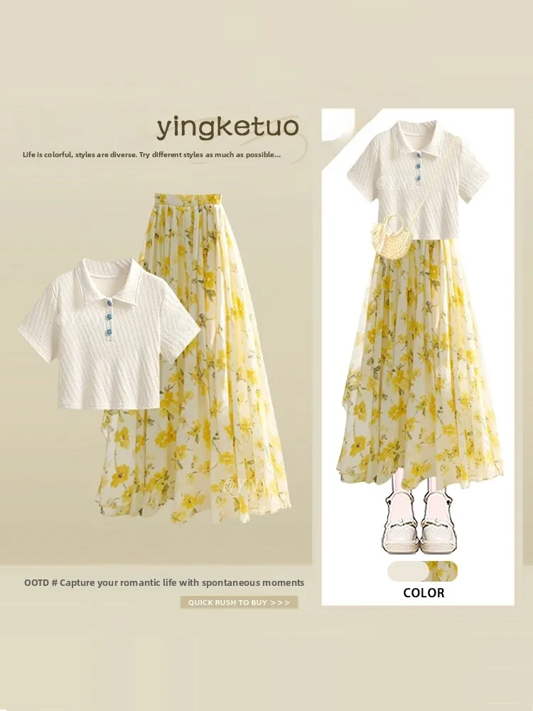 

Summer Anti-Aging Sweet Floral Print Short Sleeve T-Shirt And Half-length Skirt Women's Loose Fit Fashion Set Casual Chic