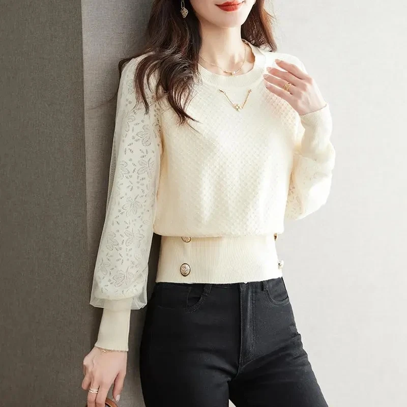 Spring New Mesh Hollow Jacquard Long Sleeved Sweater Women's Solid Round Neck Patchwork Waist Button Korean Fashion Knitted Top