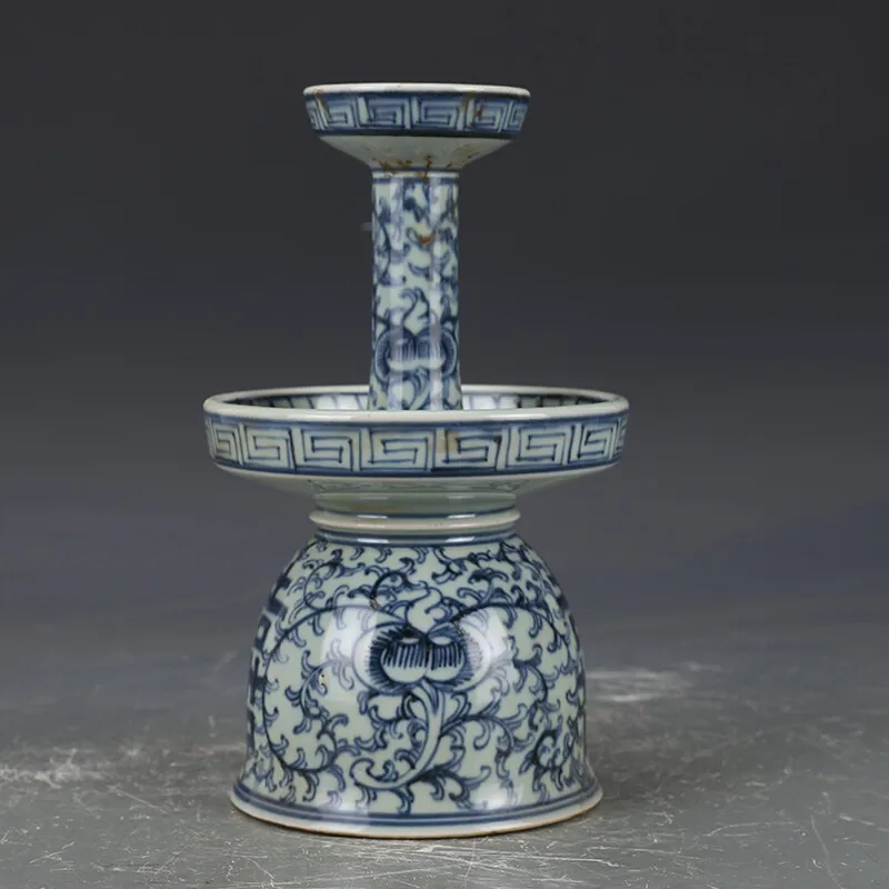 China Qing Blue-and-white Porcelain Flower Branch Character Candlestick