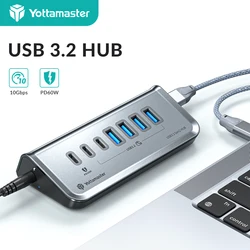 Yottamaster Multiport USB 3.2 HUB USB A Type C Hub 7 Slot Docking Station PD18W 60W USB3.0 Fast Charging HUB USB Splitter for PC