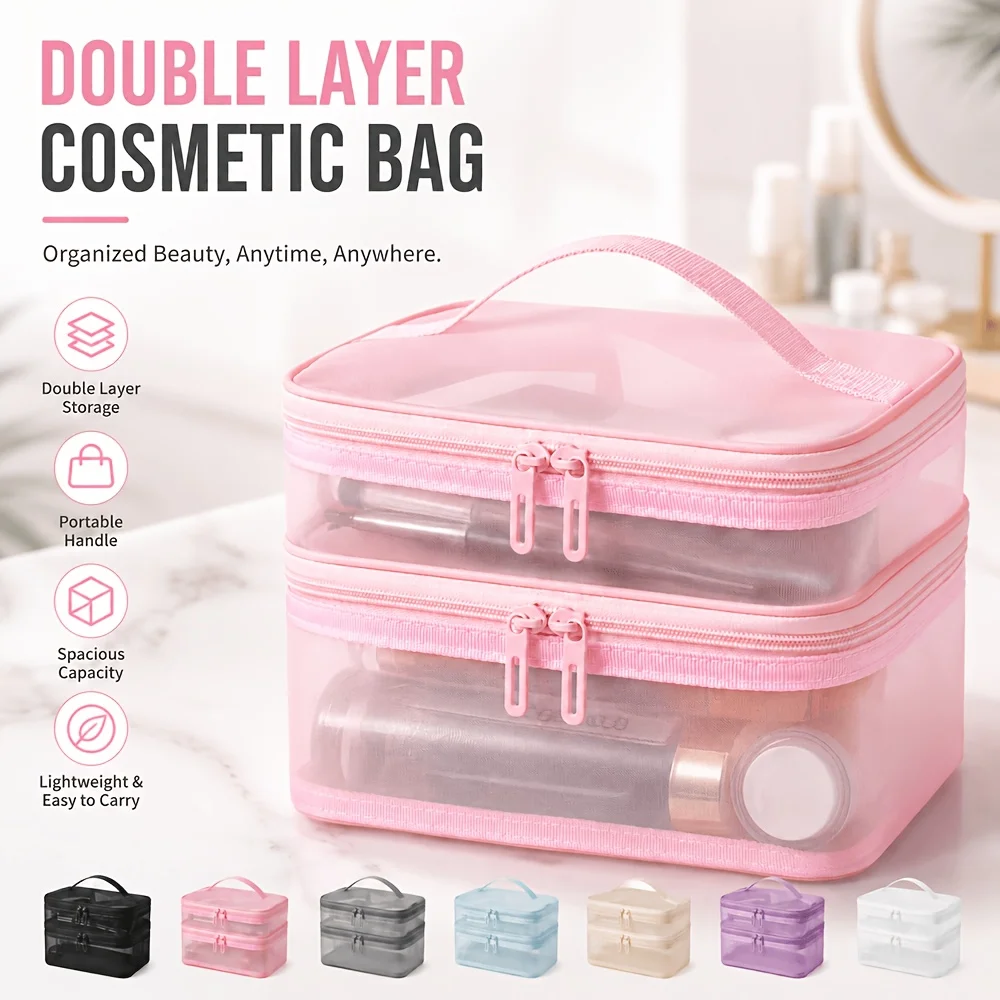 Double-layer Large-capacity Transparent Toiletry Storage Bag, Portable Cosmetic Organizer with Compartments