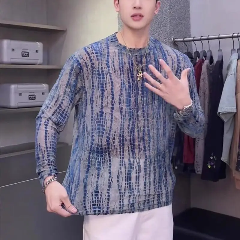 Men Striped Mesh Sheer See Through Long Sleeve O Neck Sweatshirts Fashion Chic Casual All-match Sexy Party Tops Tee Blue Dating