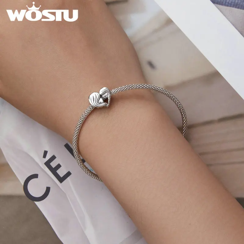 WOSTU 925 Sterling Silver Heart Shape Mom daughter Love Charms Pendant Bead Fit Original Bracelet DIY Necklace Family Jewelry