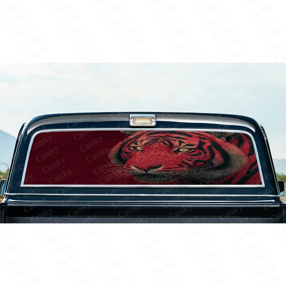 

Car Decal with Red-Toned Artistic Textured Fierce Tiger Face in Circular Pattern, Car Rear Window Sticker, Waterproof Self-Adhes