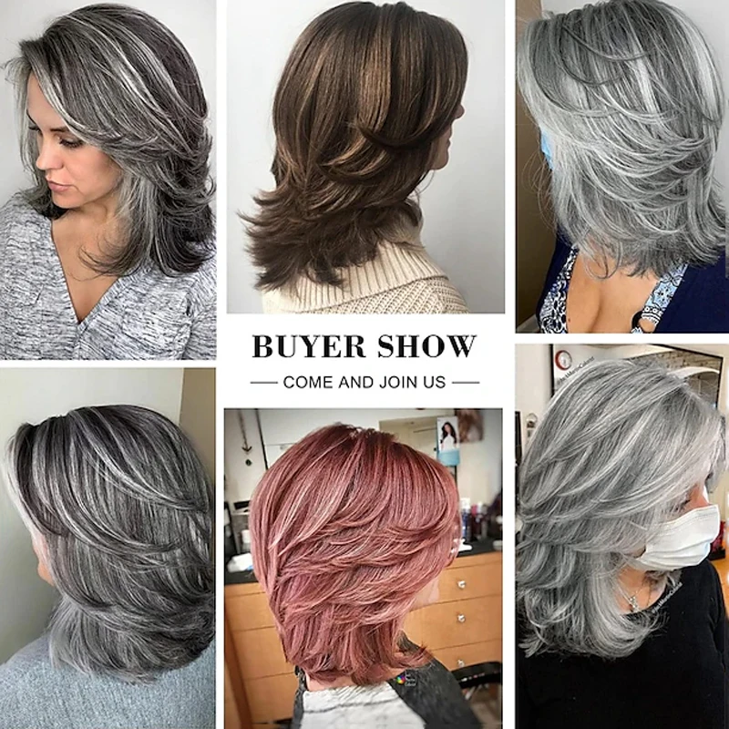 HAIRJOY Dark Gray Ombre Layered Wigs with  Bangs for Black Women Synthetic Hair Short Gray Highlight Straight  Layered Bob Wig