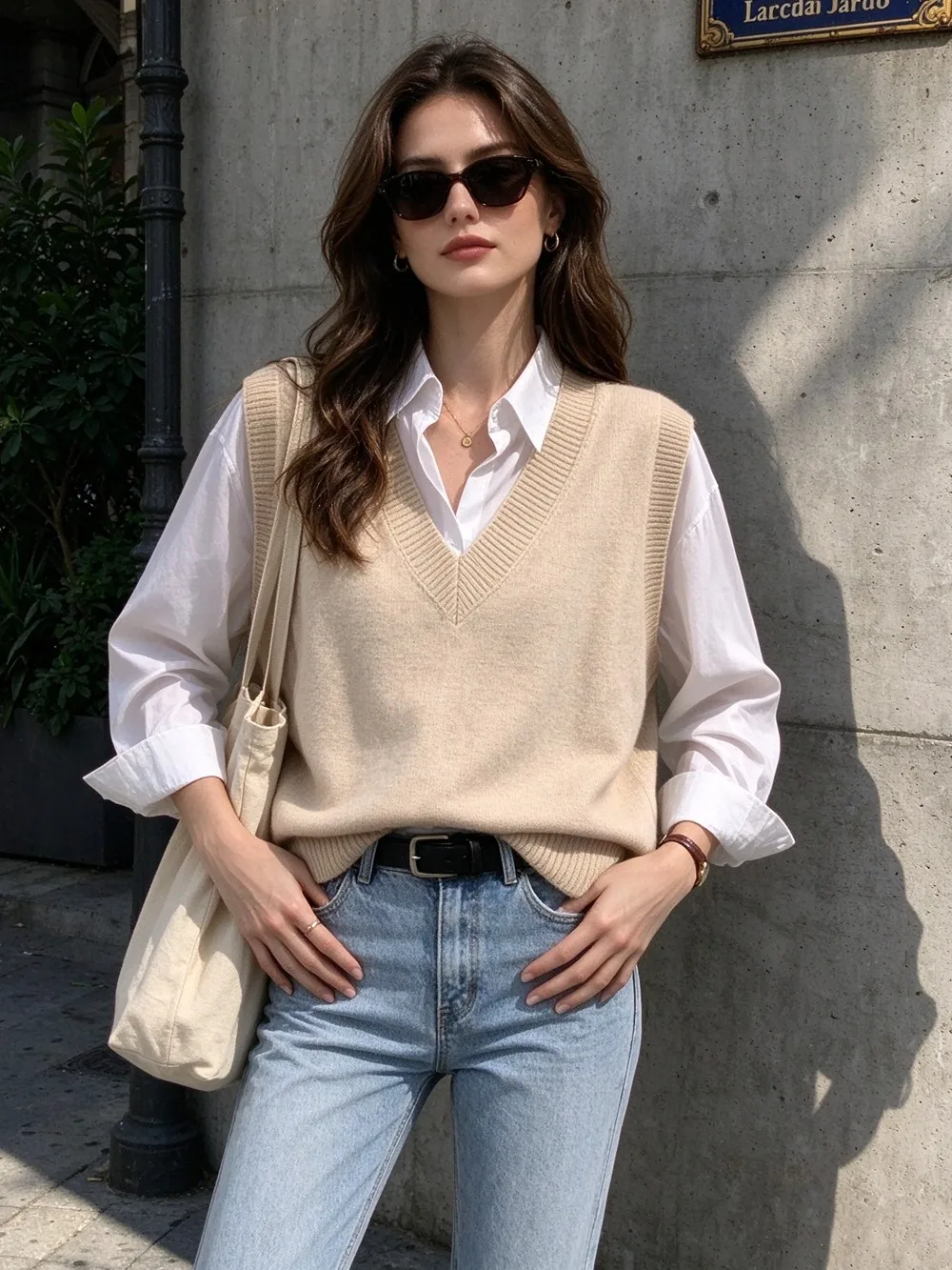British Preppy Style Womens Knitted Vest Winter Solid V-Neck Khaki Sleeveless Sweater Elegant Woman Oversized Knitwear Waistcoat