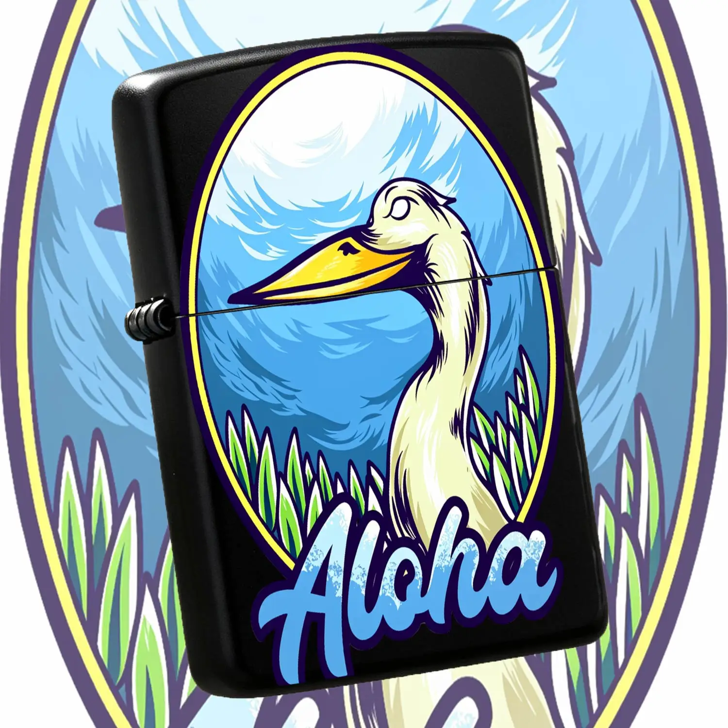 Vintage Aloha Pelican Pattern Lighter Creative Tropical Seabird Art Oval Print Design Portable All-Purpose Lighter For Camping Home Daily Use Decorative Exquisite Gift For Friends And Hobbyists A Humorous And Interesting Lighter