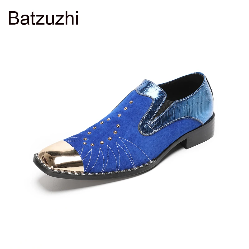 Batzuzhi حذاء رجالي جلدي أزرق معدني بمقدمة مربعة سهل الارتداء من الجلد الرسمي للأعمال والحفلات والزفاف للرجال