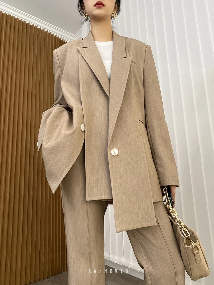 [EAM] Big Size Irregular Blazer Wide Leg Pants Two Piece Suit New Lapel Long Sleeve Women Fashion Spring Autumn 2024 1DH6704