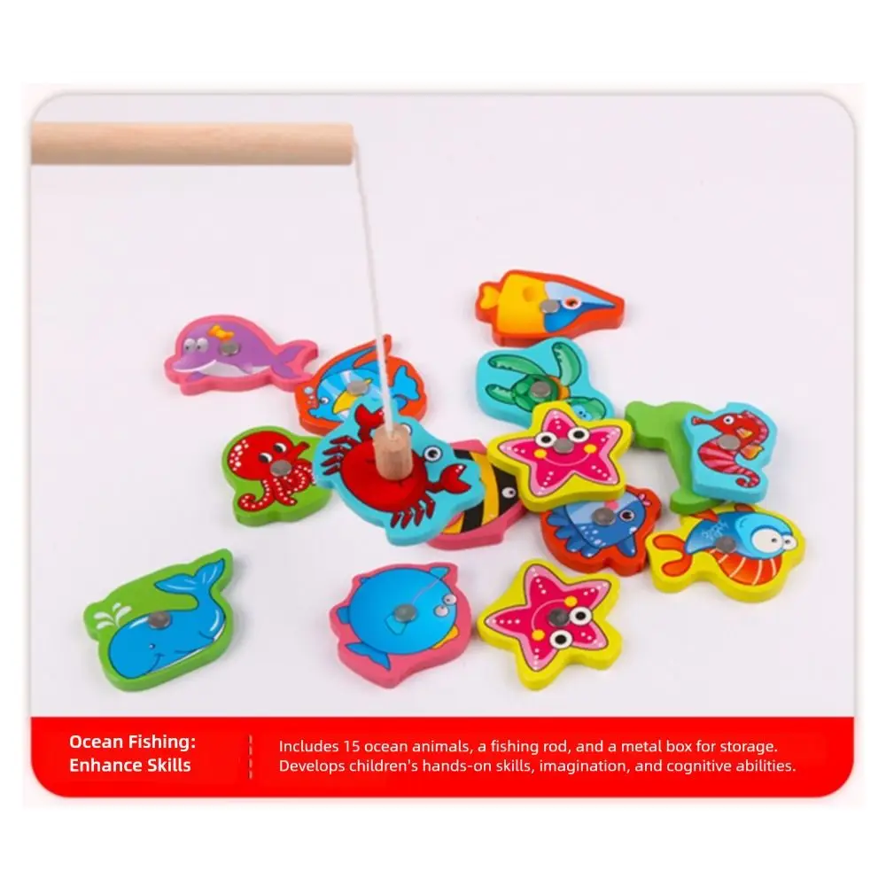 Multicolor Montessori Fishing Game Wood Cartoon Fish Fish Catching Game Magnetic Design Interactive Toy Educational Toy