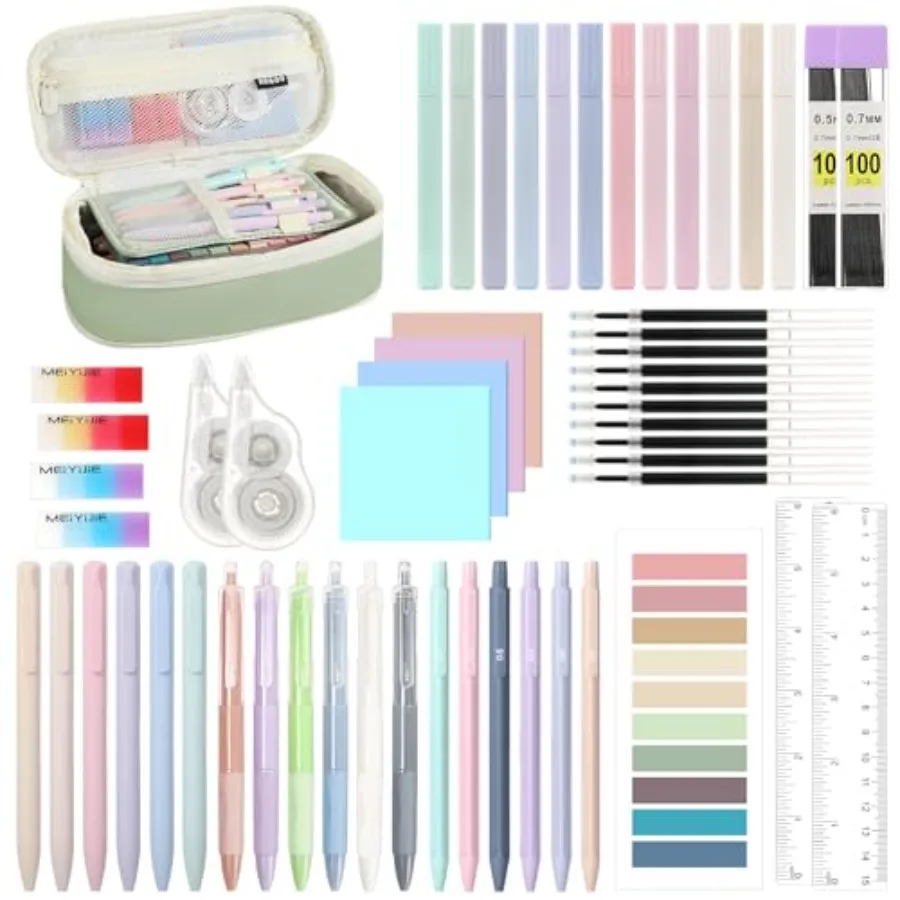 

56 PCS Aesthetic School Supplies with Pencil Pouch, Cute Stationery Set for Students Office, 12 Gel Pens, 12 Pastel Highlighter
