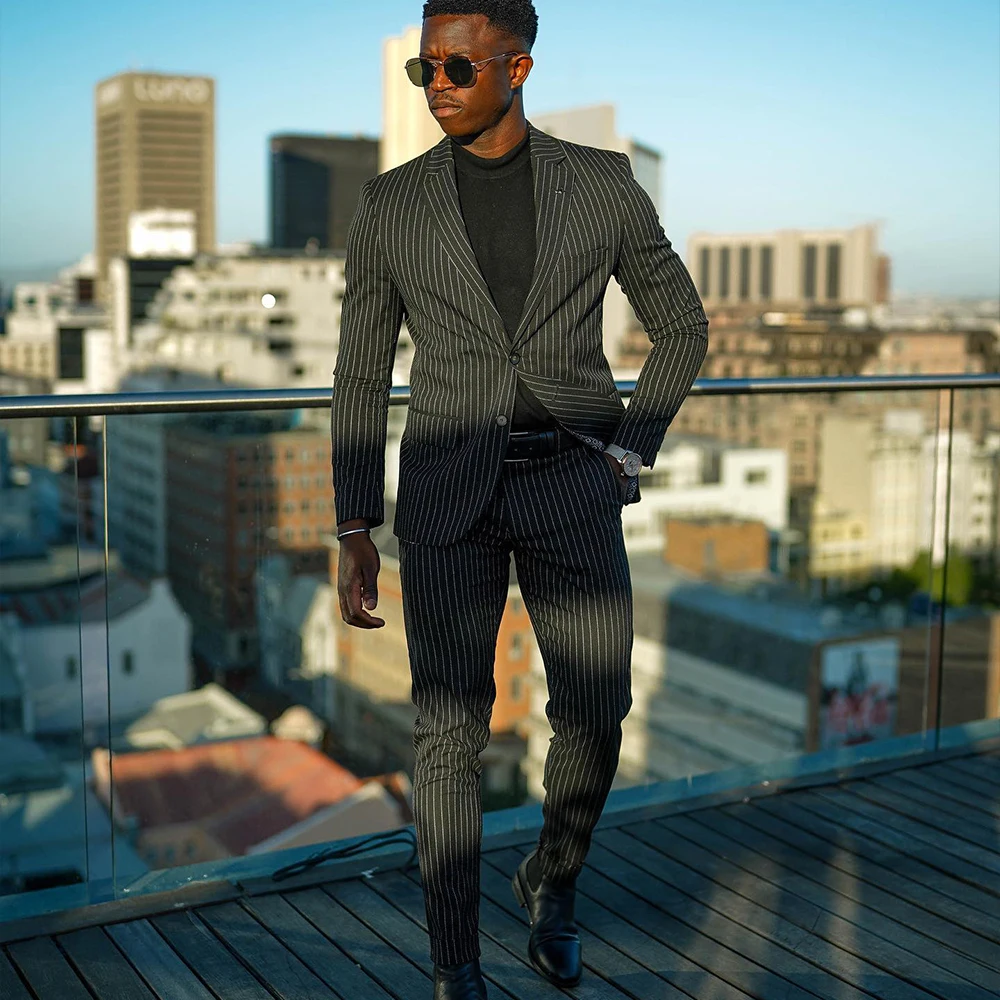 

Black Pinstripe Men's Suits 2 Pieces Notched Lapel Single Brasted Wedding Guest Suit Office Business Slim Fit Blazer Customized