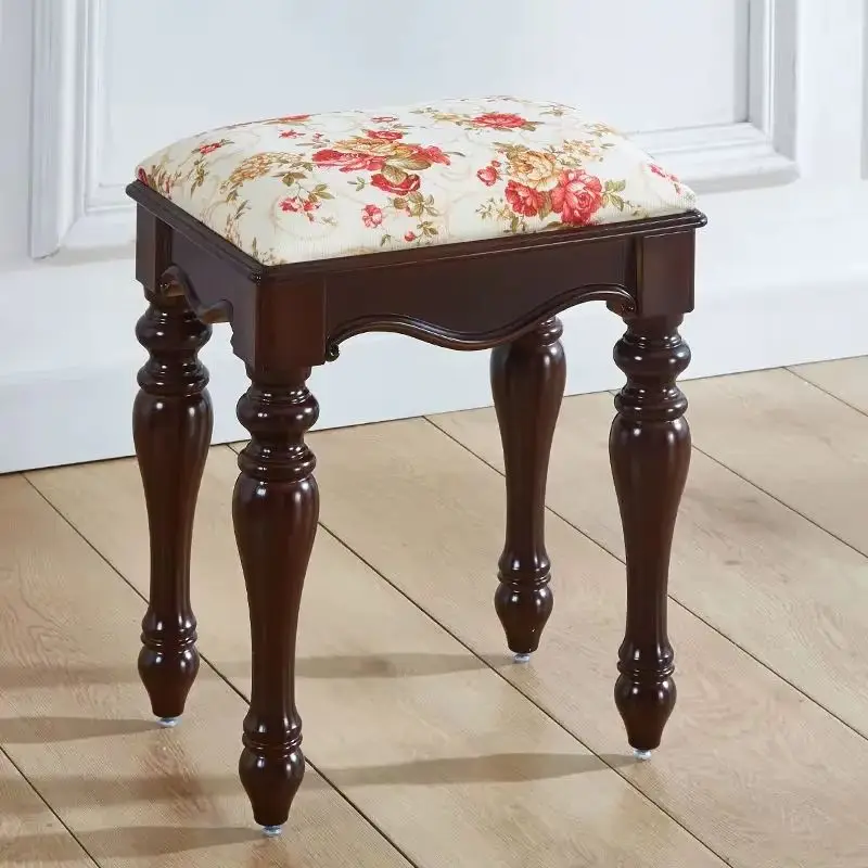 

American-European Princess Style Imitation Solid Wood Dressing Stool Multi-Purpose Piano & Dining Ottoman for Bedroom