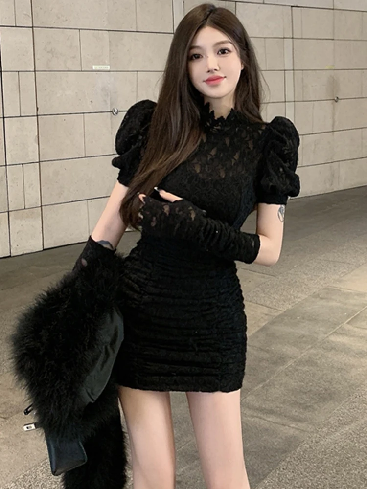 White Sexy Lace Dress Women\'s High-End Skirt Elegant High-End Lady Fit Body Skirt Korean Style Commute Pure Color Short Sleeve