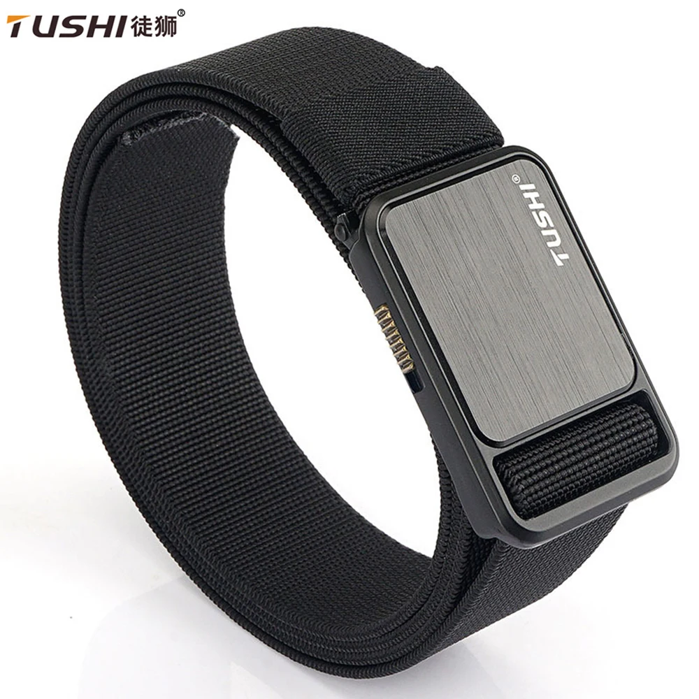 TUSHI Elastic Tactical Belt for Men Nylon Army Alloy Automatic Buckle Police Outdoor Duty Military Belt Sport Casual Waistband