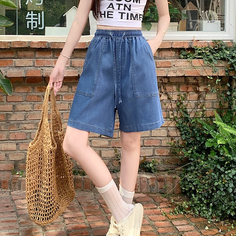 2024 Summer New Denim Pants Women Solid Color Drawstring High Waist Loose Pants Office Lady Versatile Casual Short Jeans Female