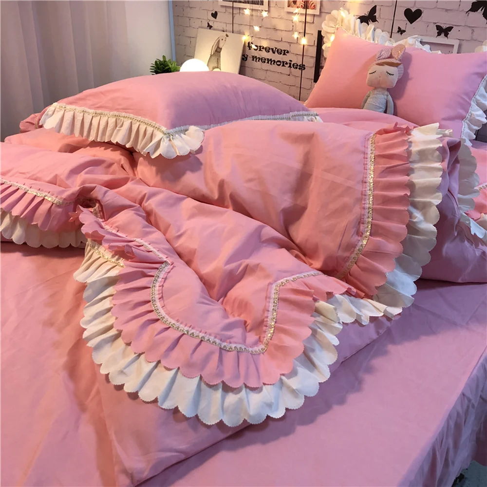 Simple Princess Bedroom Bedding Kit Warm Comfortable Duvet Cover Bed Skirt 2 PCS Pillow Case Four-Piece Suit Solid Bedspreads