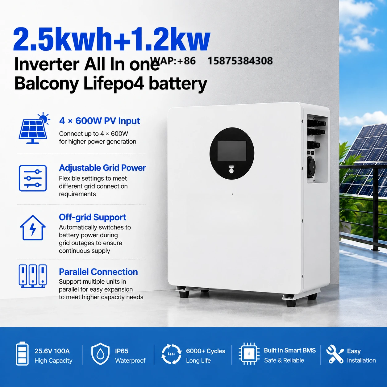 2.5kWh Balcony Solar ESS LiFePO4 Battery 6000 Cycles Home Solar System with 1.2kW Inverter  WiFi Monitoring and Off-Grid Backup