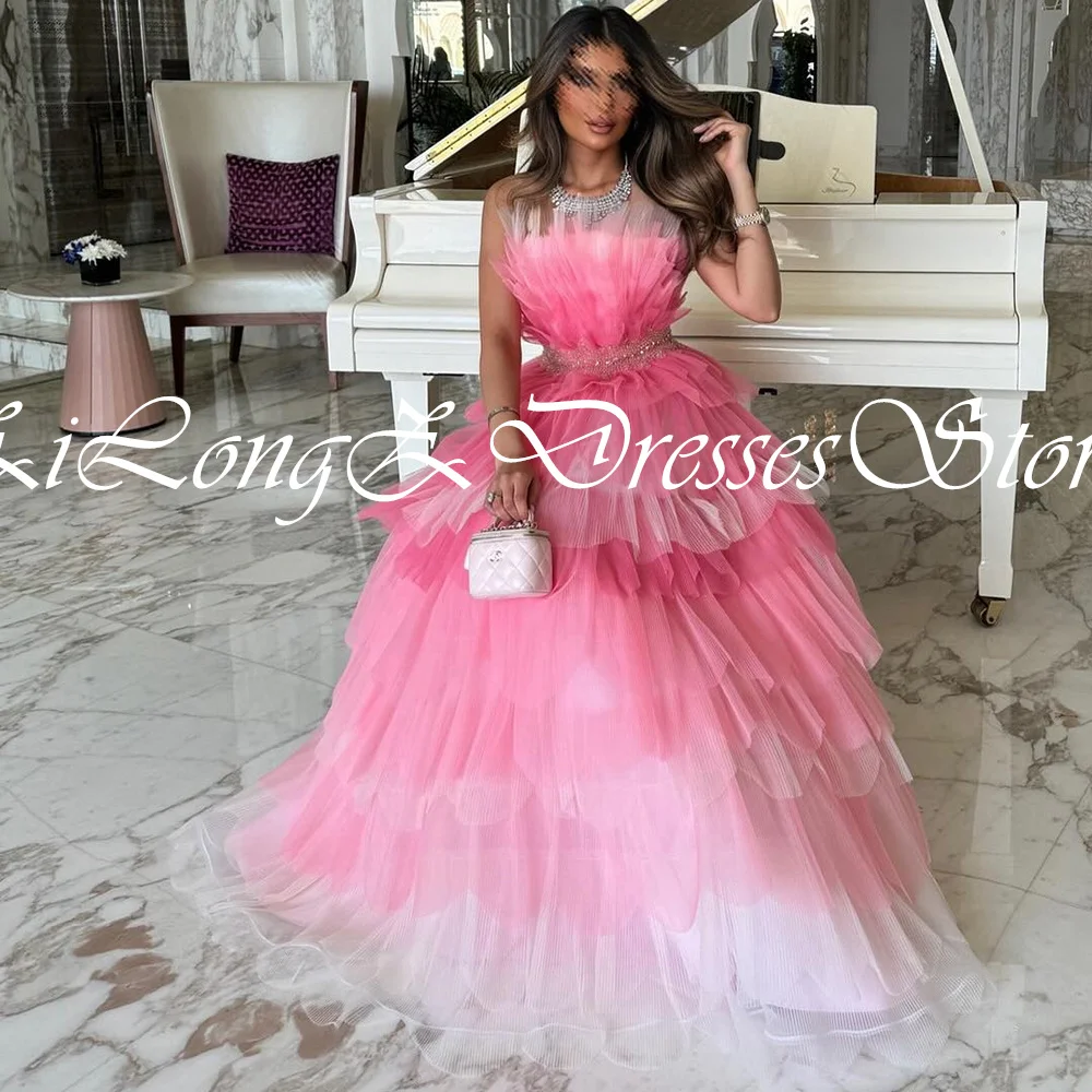 Saudi Arabia Long Beaded Evening Gowns Tiered Sweep Train Tulle Sleeveless Scalloped Contrast Color Dresses For Formal Occasions