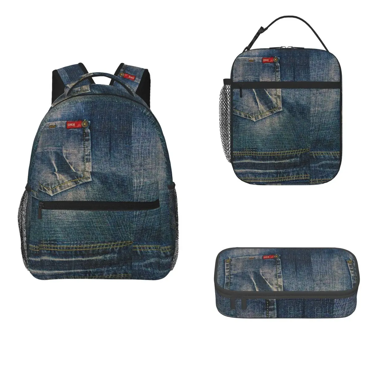 

Litter Pocket I Love Bluejeans Denim Backpacks Boys Girls Bookbag Cartoon Kids Rucksack Lunch Bag Pen Bag Three-Piece Set