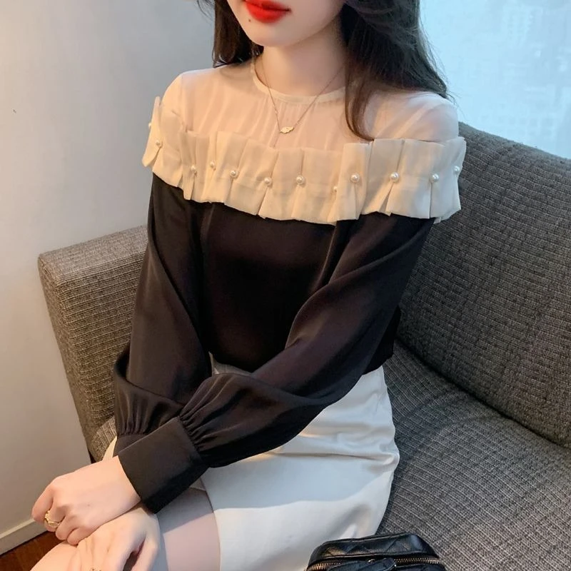 

Осень 2026, женская шифоновая блузка с длинным рукавом, лоскутная элегантная рубашка, уникальный стиль, модный повседневный топ, Новое поступление