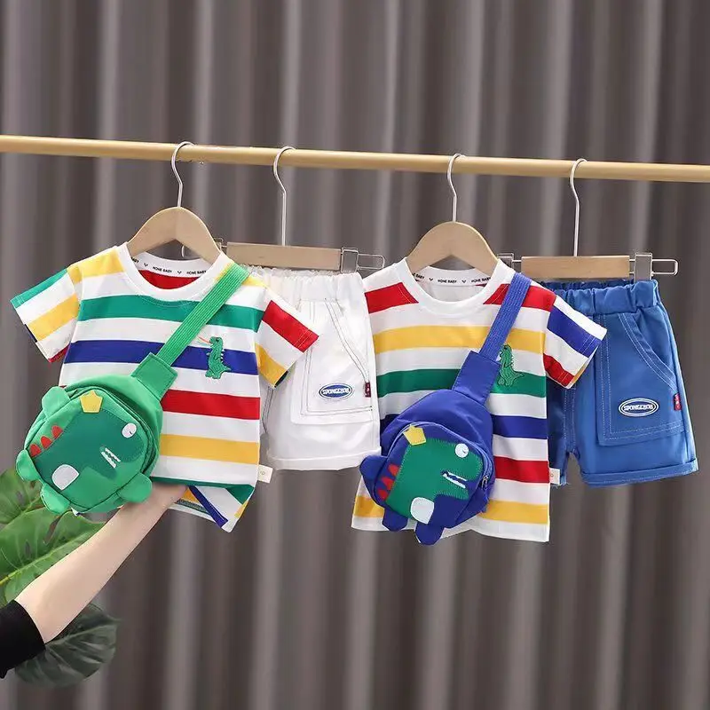 

Kids Boys Summer New Baby Fashionable Striped Dinosaur Bag Boys Casual Short Sleeve Two Piece Set Fashion Kids Outfits