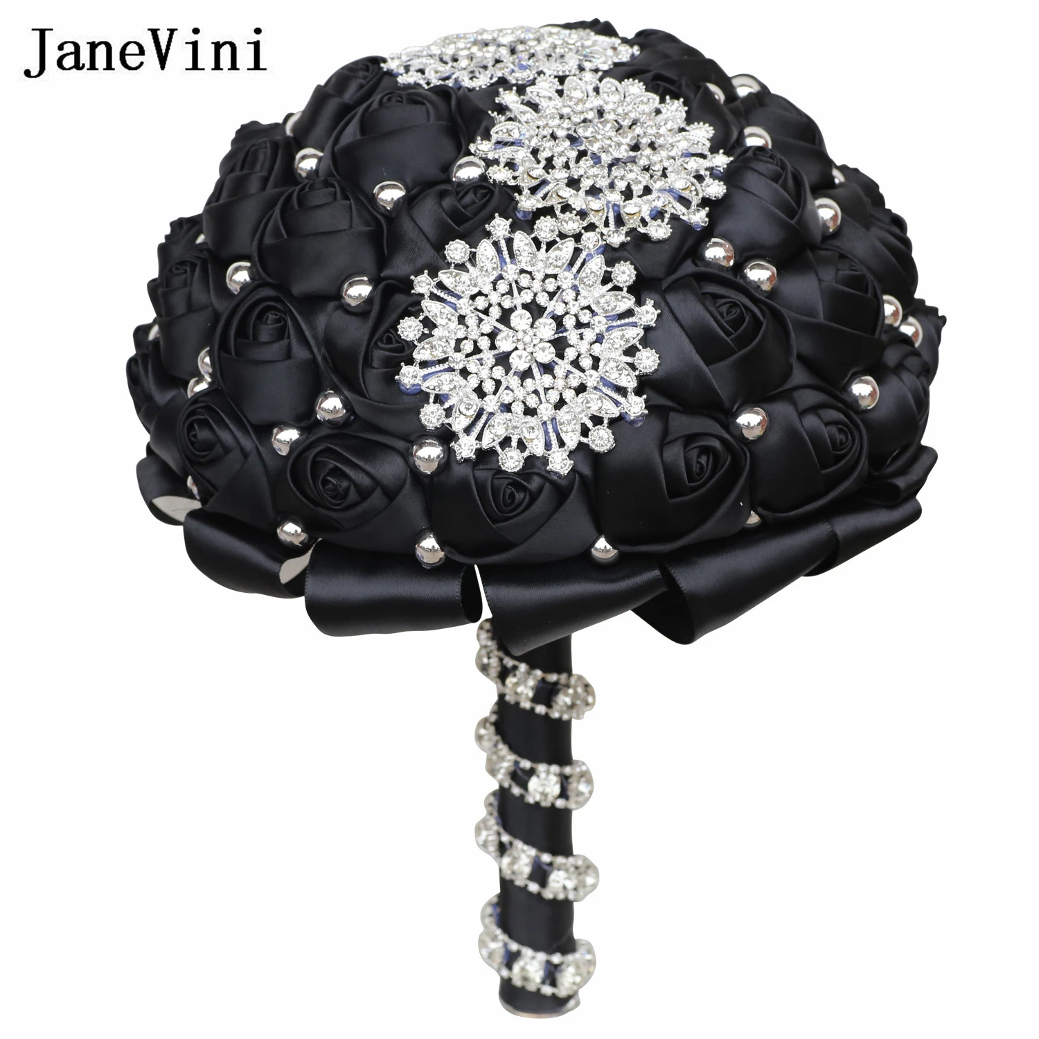 JaneVini Vintage Black Flower Holder Bouquet Luxury Rhinestone Beaded Bridal Bouquet Wedding Bride Bouquet De Fleure Mariage