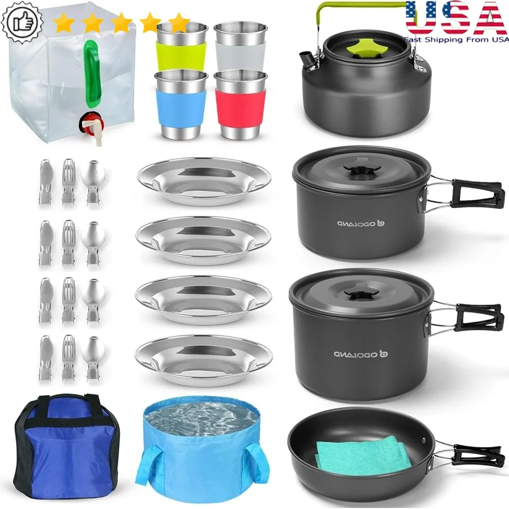 

29pcs Camping Cookware Set Lightweight Non-Stick Pots Fry Pan Kettle Collapsible Water Container Stainless Steel Cups Cutlery 4