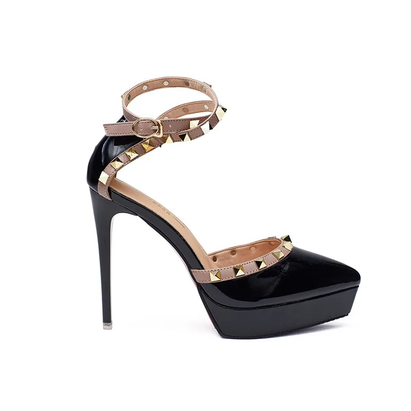 2024 Women 12cm High Heels 2.5cm Platform Studded Rivets Sandals Lady Gladiator Heels Sandles Fetish Nighclub Red Bottom Shoes