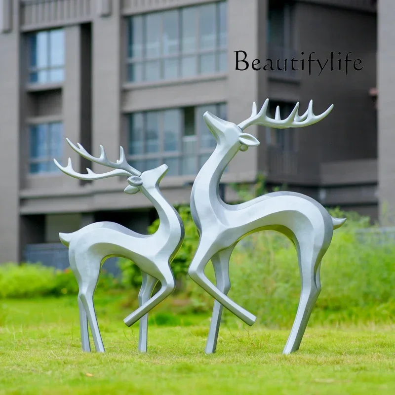 Outdoor abstract sika deer sculpture garden landscape decoration fiberglass lawn geometric animal landscaping ornament