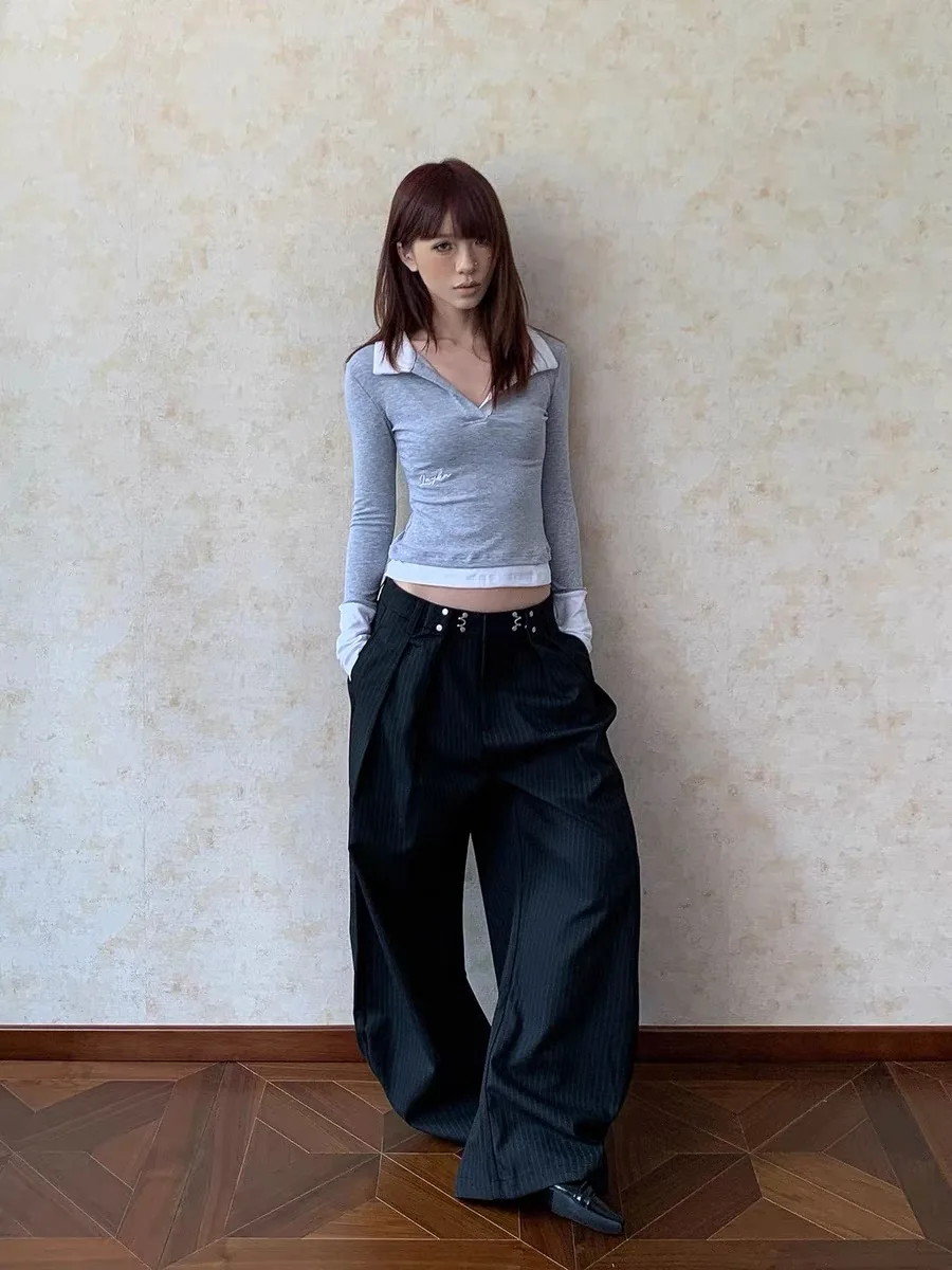 American Retro Striped Pleated Knife West Pants Men Women Commute Versatile Cleanfit Loose Wide Leg Pants Casual Pure Color