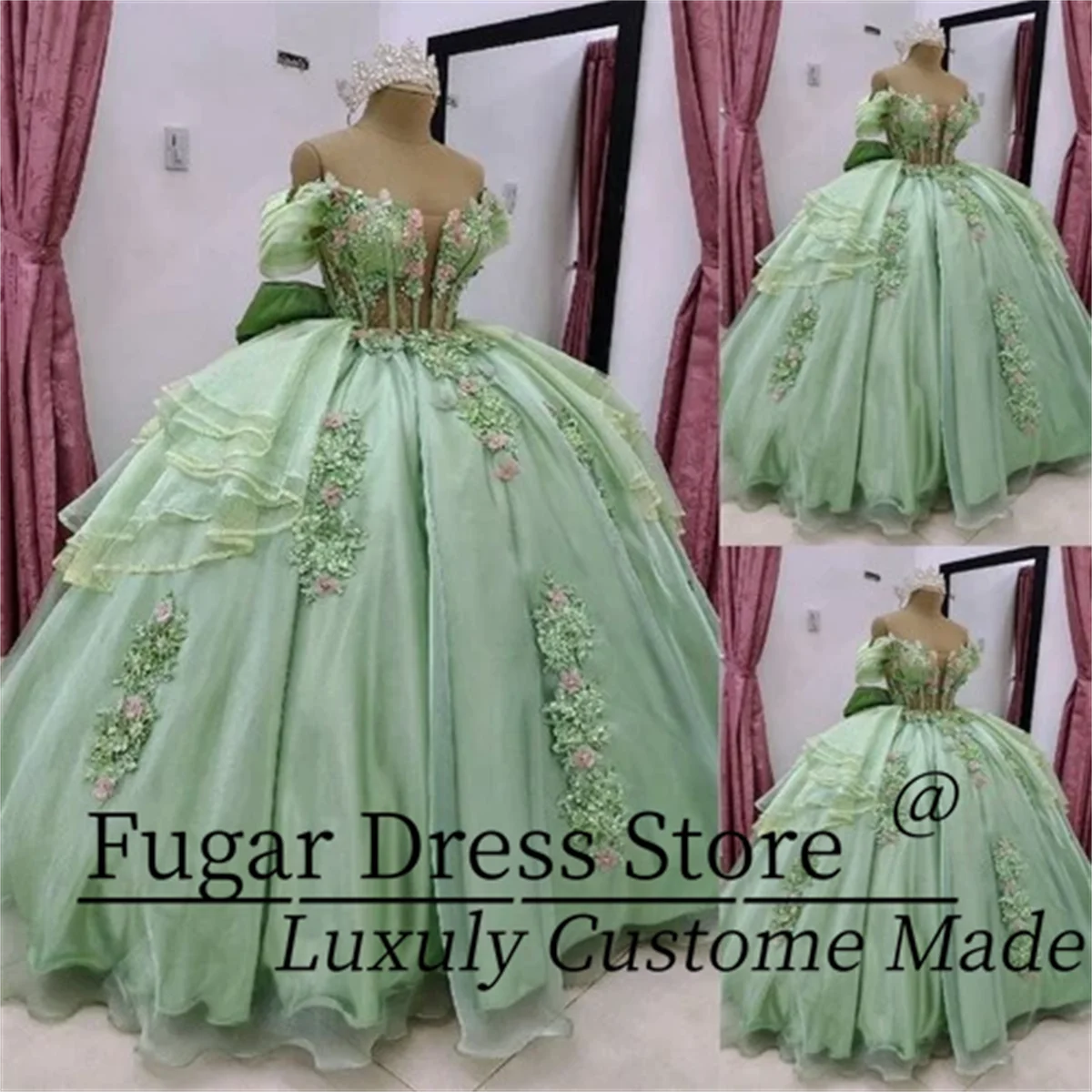 Customized Green Princess Quinceanera Dresses Sexy Off The Shoulder 3D Floral Sweet 15 16 Ball Gowns vestidos de 15 quinceañera