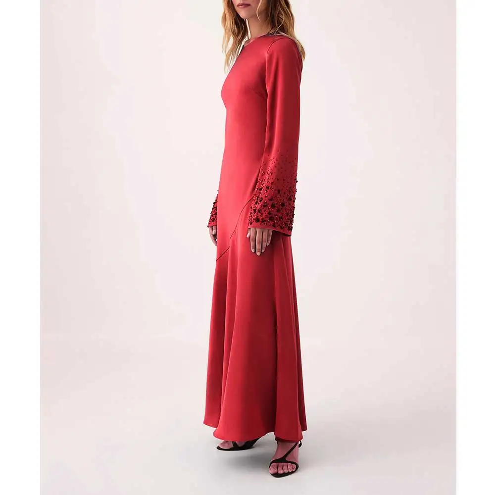 YUNLAN Luxury Red Muslim Round Neck Long Sleeve Ball Gown Ankle Length Mother Dress 2024 Women Elegant Wedding Party Beaded Gown