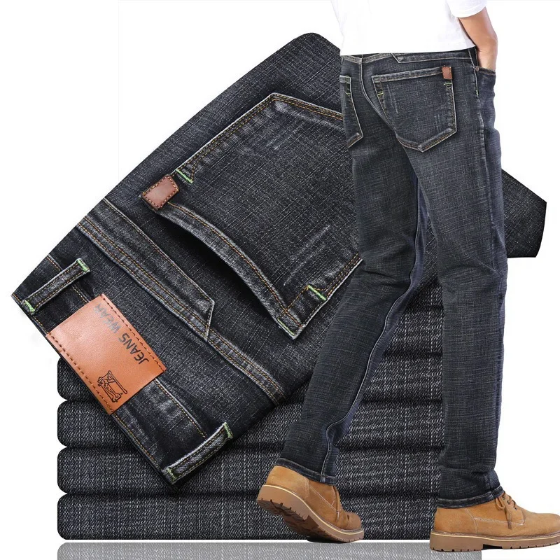 2025 Men New 28-40 Men's Classics Pants Straight Business Blue Black Jeans Elastic Slim Fit Casual Work Pants