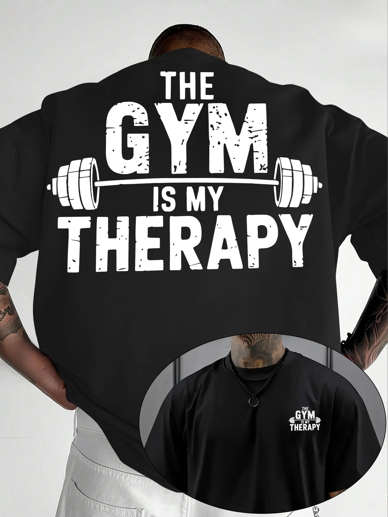 Men's HE GYM IS MY THERAPY Sports Fitness T shirt Cotton Jogging Top Tee Casual Trend Oversize O-Neck Unisex Summer Spring shirt