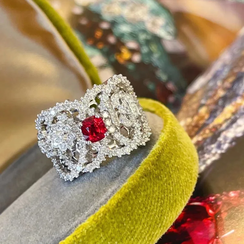 925 sterling silver luxury color treasure pigeon blood red inlaid diamond ring, women's open mouth ring, niche design, high-end