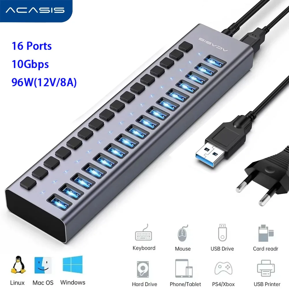 Acasis 16-Port 10Gbps USB-Hub-Splitter für Datenübertragung und Aufladung für PC, Laptop, Workstation, Multi-Geräte-Erweiterung mit Einzelschalter