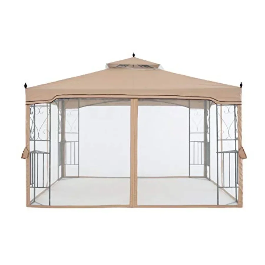 Patio Gazebo with Netting Sn Walls for Lawn Garden Backyard and Deck Gray Beige