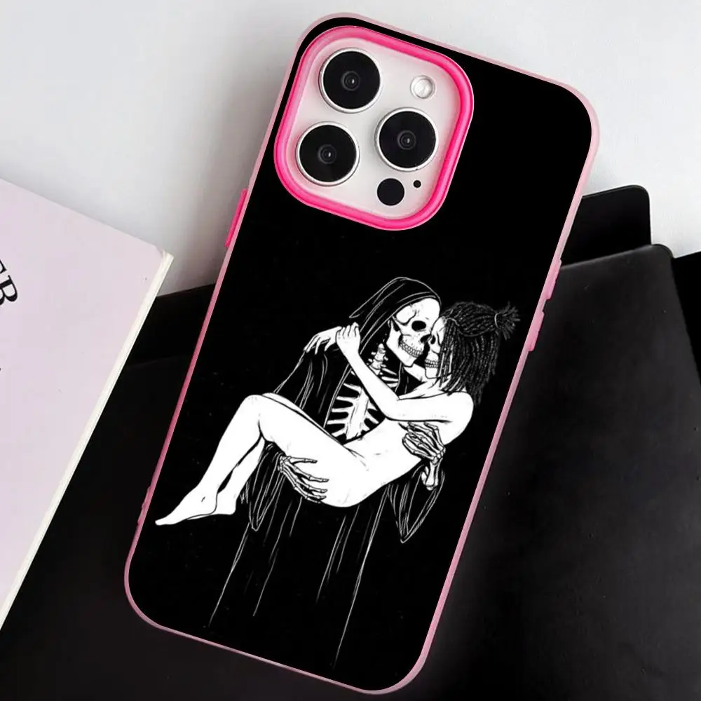 

Skull Love Girl Phone Case for iPhone 17 16 15 14 13 12 11 Air Pro Max Plus Jelly Double layer Rose Red Cover