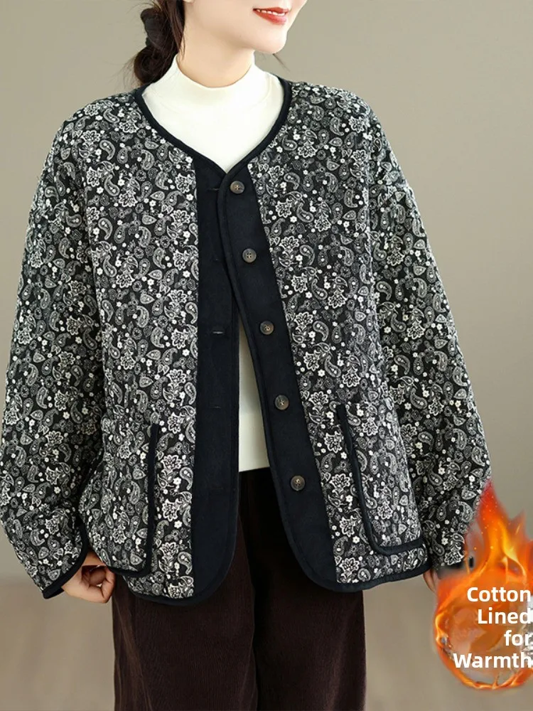 

Korean Sle Large Size Retro Floral Cotton Jaet Women's Winter Small Size Mommy Clothes Thin Cotton Warmth Coat Outerwear