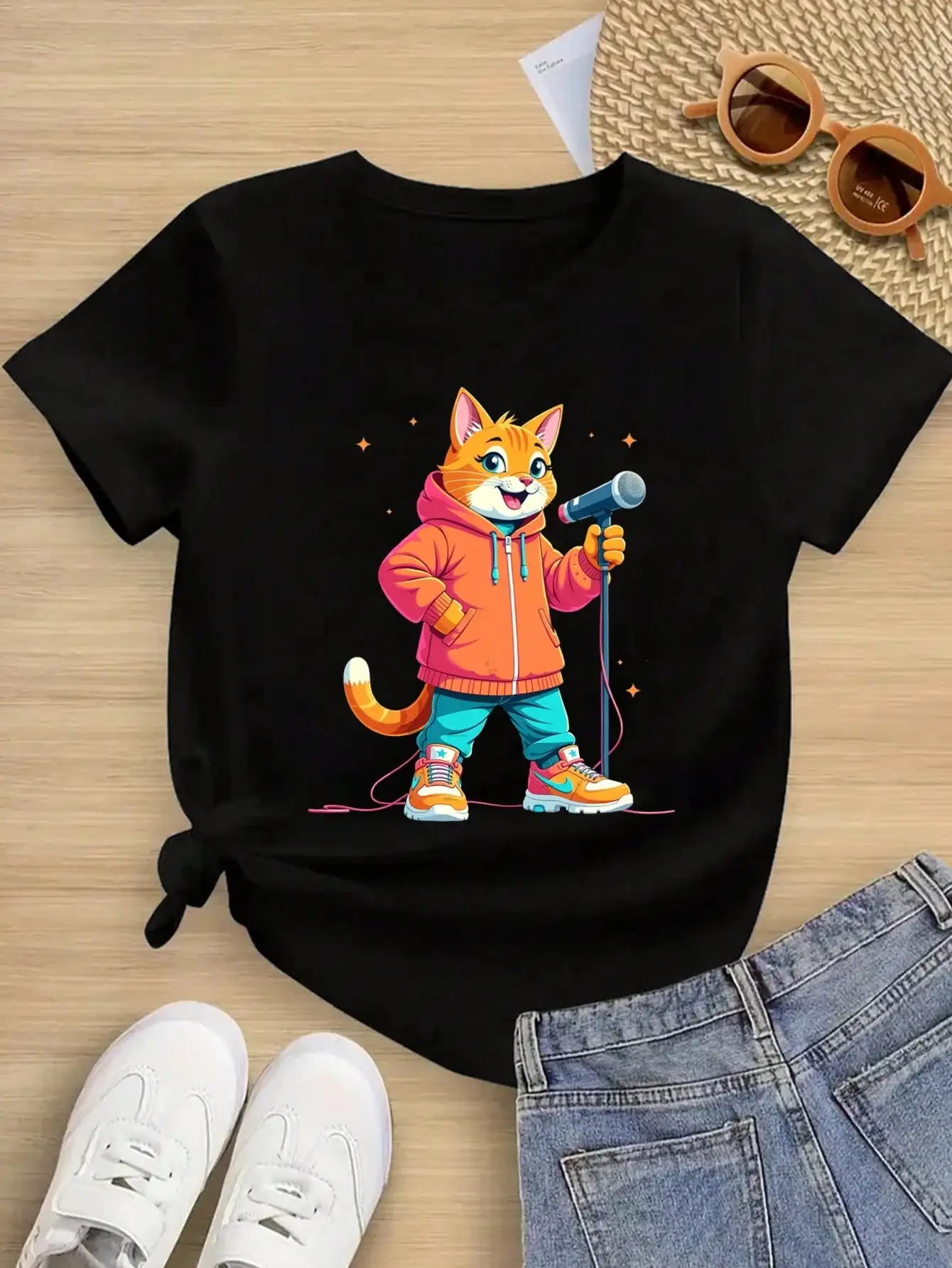 

Boys/Girls Summer Cartoon Cat Singer Cotton Graphic Tees, Black Casual Style Summer Tops With Colorful Cat Design