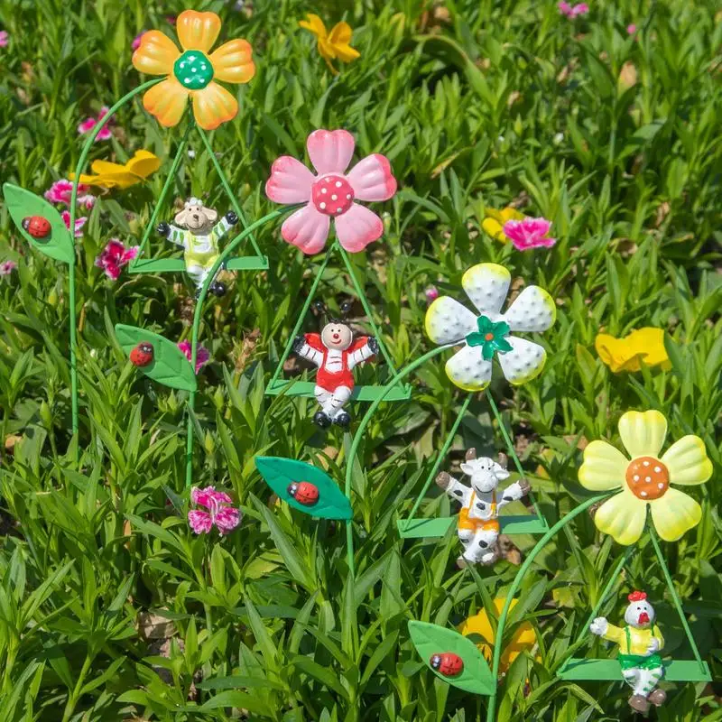 Flower Stakes Decorative 6pcs Plant Stakes 10.6 Inch Garden Stakes With Colorful Ornament Cute Animals On Swings For Courtyard