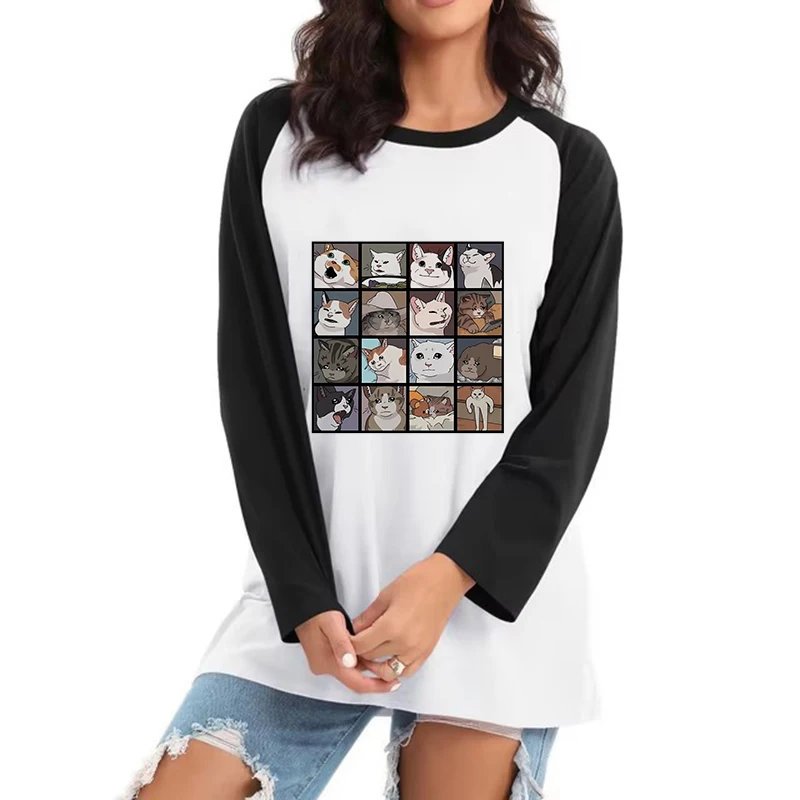 Damen 90er Jahre Grafikkleidung Alle Jahreszeiten Casual T-Shirts Tops Grafik Y2k T-Shirt Lustiges süßes Katzendruck Rundhals-Langarm-T-Shirt