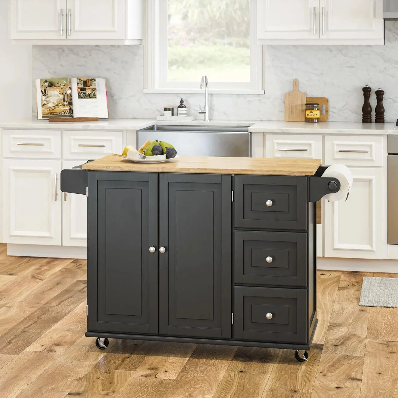 Homestyles Dolly Madison Kitchen Cart with Wood Top and Drop Leaf Breakfast Bar, Rolling Mobile Kitchen Island with Storage and