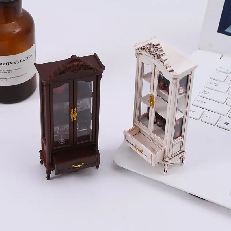 1/12 인형 집 빈티지 시뮬레이션 수납장 디스플레이 찬장 모델 인형 집 거실 와인 캐비닛 가구 장식 장난감