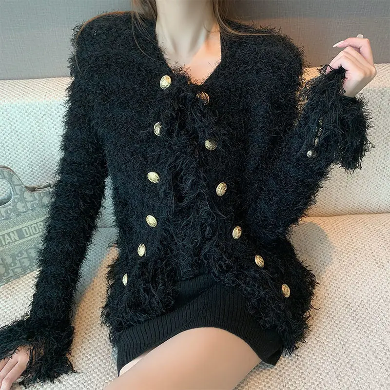 Women\'s White Black V-Neck Tassel Double Breasted Knitted Coat Ladies New Cardigan Autumn Winter 2022 Jacket