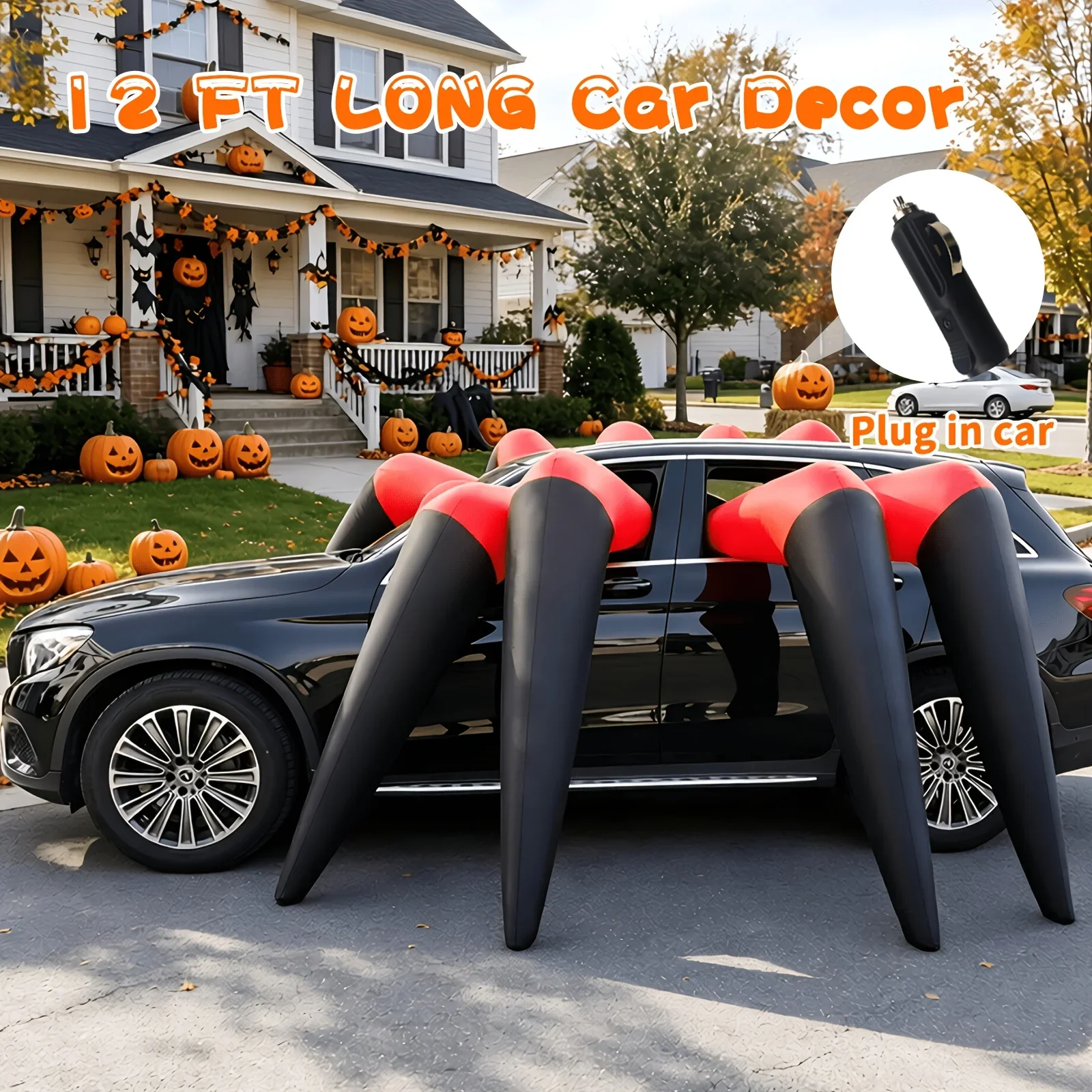 Halloween Inflatable Decorative Strip with 8 Giant Spider Legs Suitable for Car Decoration with Built-in LED Lights
